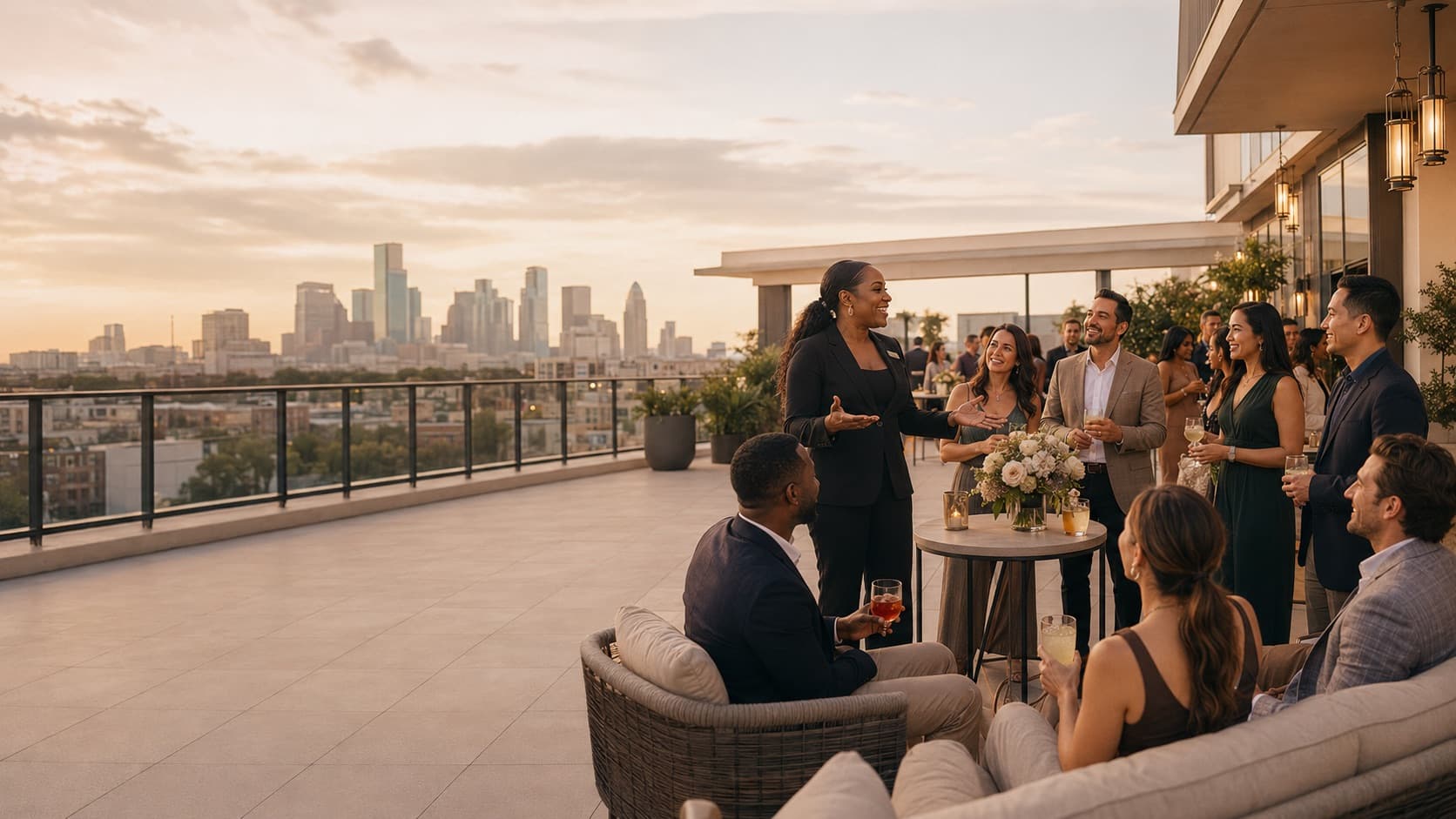 Residents gathered on a luxury apartment rooftop terrace at golden hour with the Houston skyline in the distance.