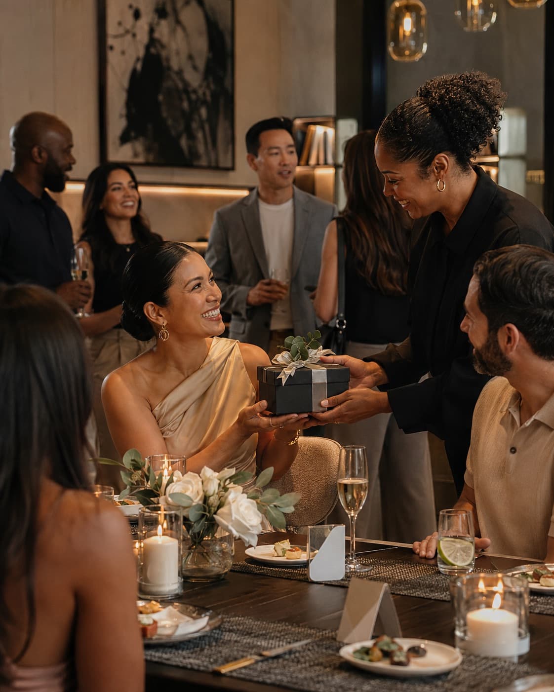 A host presenting a wrapped gift to a smiling resident at a candlelit dinner table inside an upscale apartment clubroom.