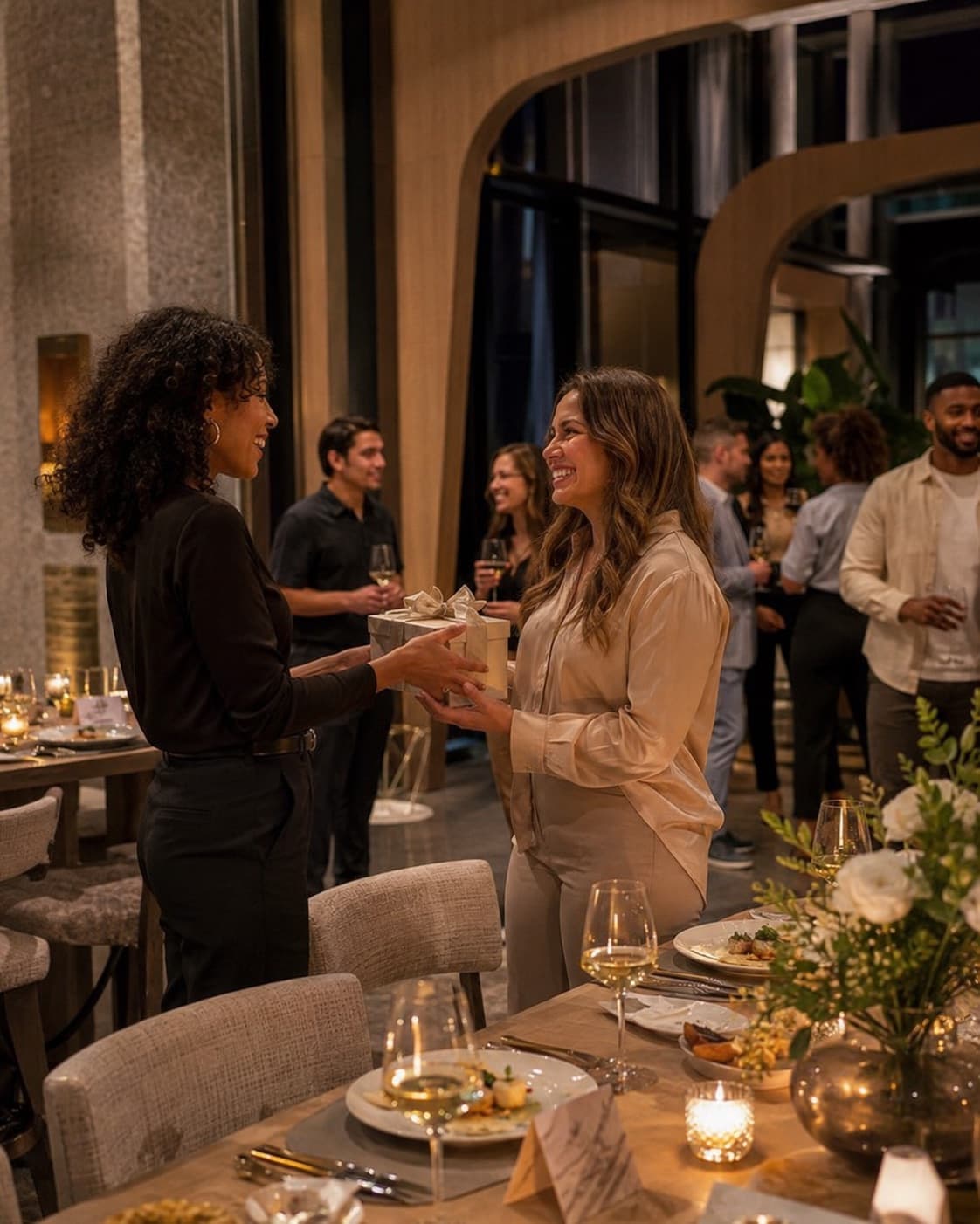 A host greeting a resident with a welcome gift beside a set dining table at a luxury apartment community event.