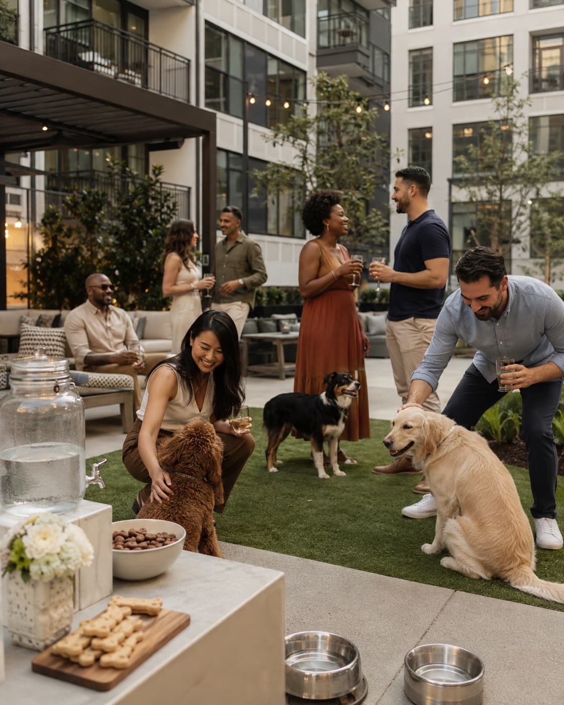 Residents and their dogs gathered around a styled treat station in a landscaped luxury apartment courtyard at golden hour.