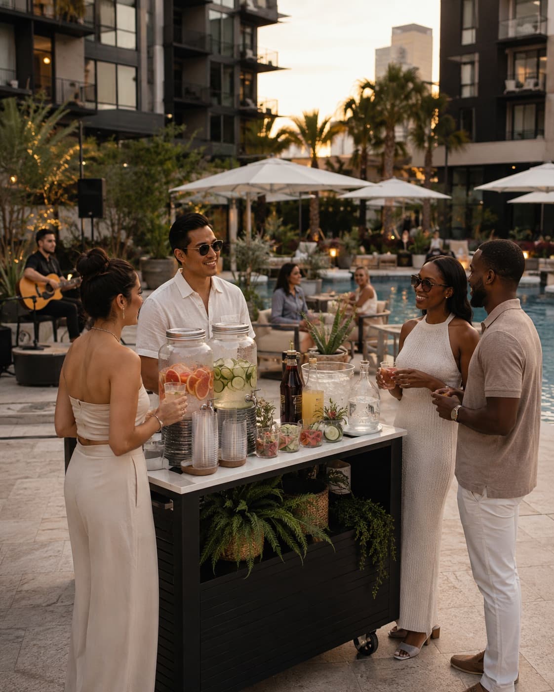 Residents holding chilled drinks beside a styled mobile bar cart on a luxury apartment pool deck at dusk with a guitarist playing nearby.