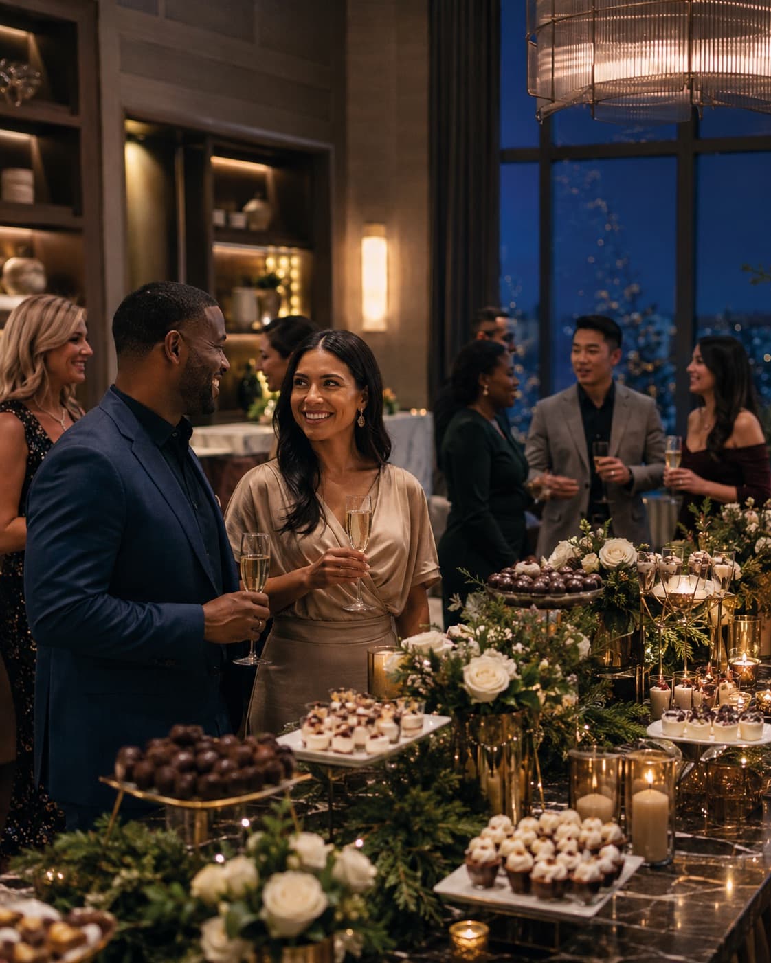 Residents in cocktail attire beside an elaborately styled seasonal dessert display in a warmly lit apartment sky lounge at night.