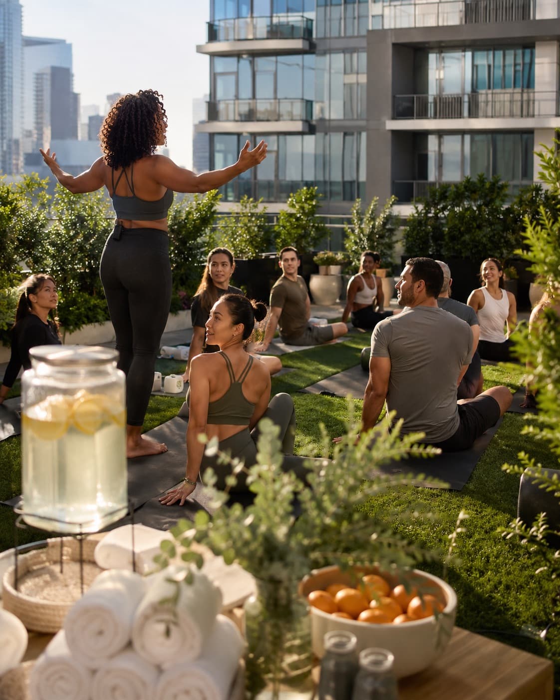 An instructor leading a group of residents through a yoga session on a rooftop terrace with the Houston skyline behind them.