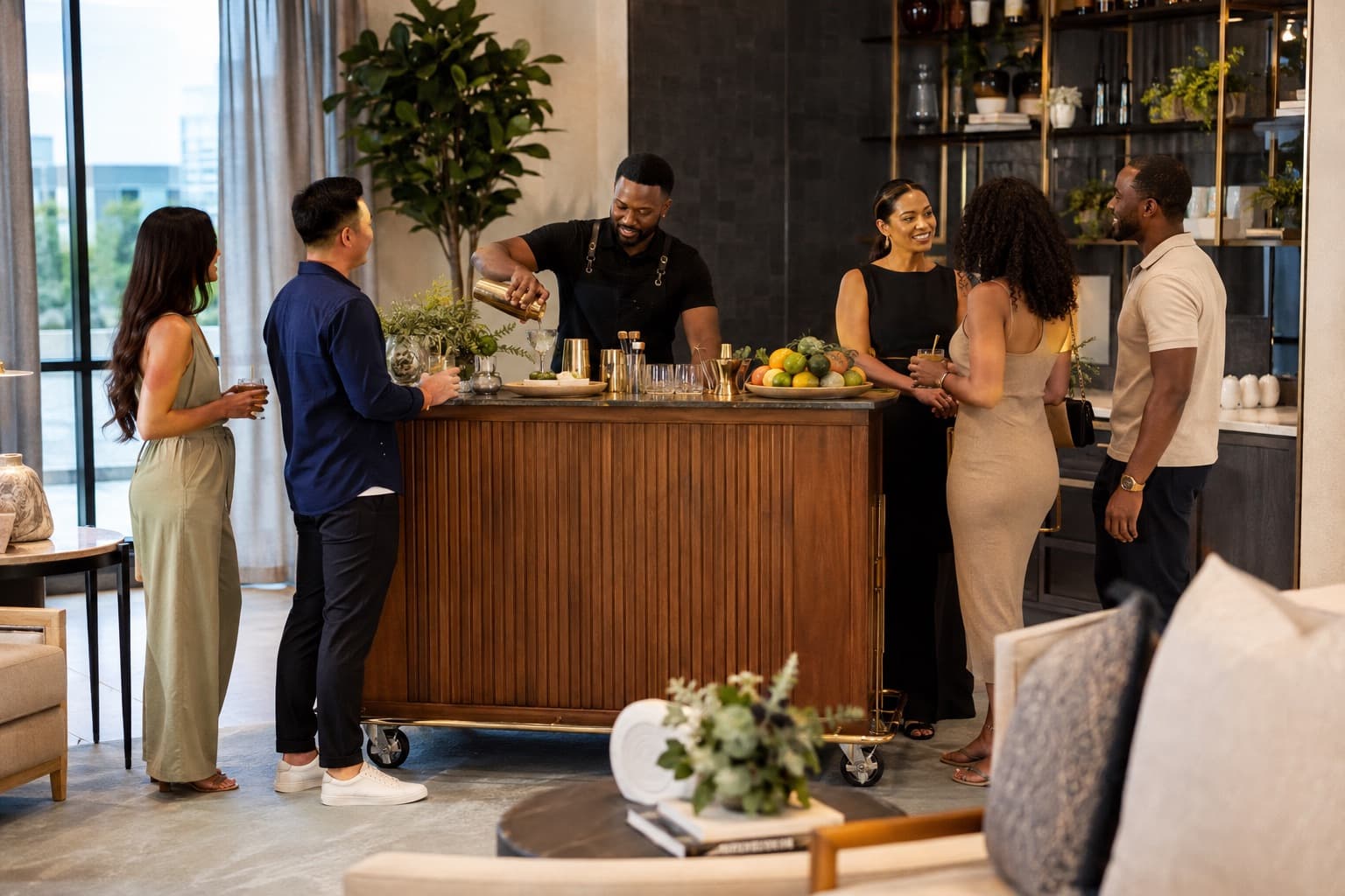 A TABC-certified bartender serving residents at a styled mobile bar during a signature happy hour in a luxury apartment resident lounge.
