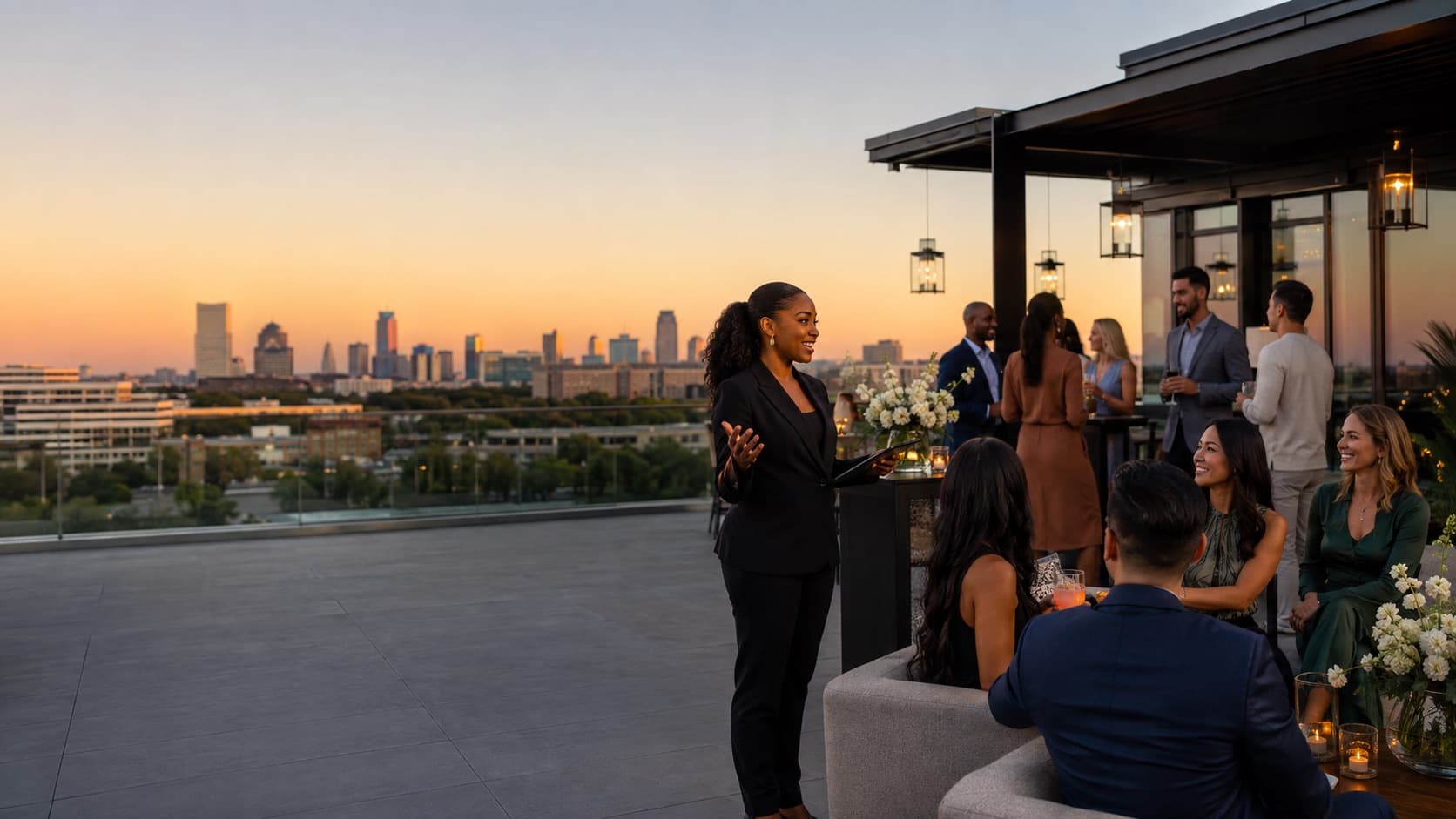 A host welcoming residents to a rooftop reception at a Houston luxury apartment community as the skyline glows at sunset.