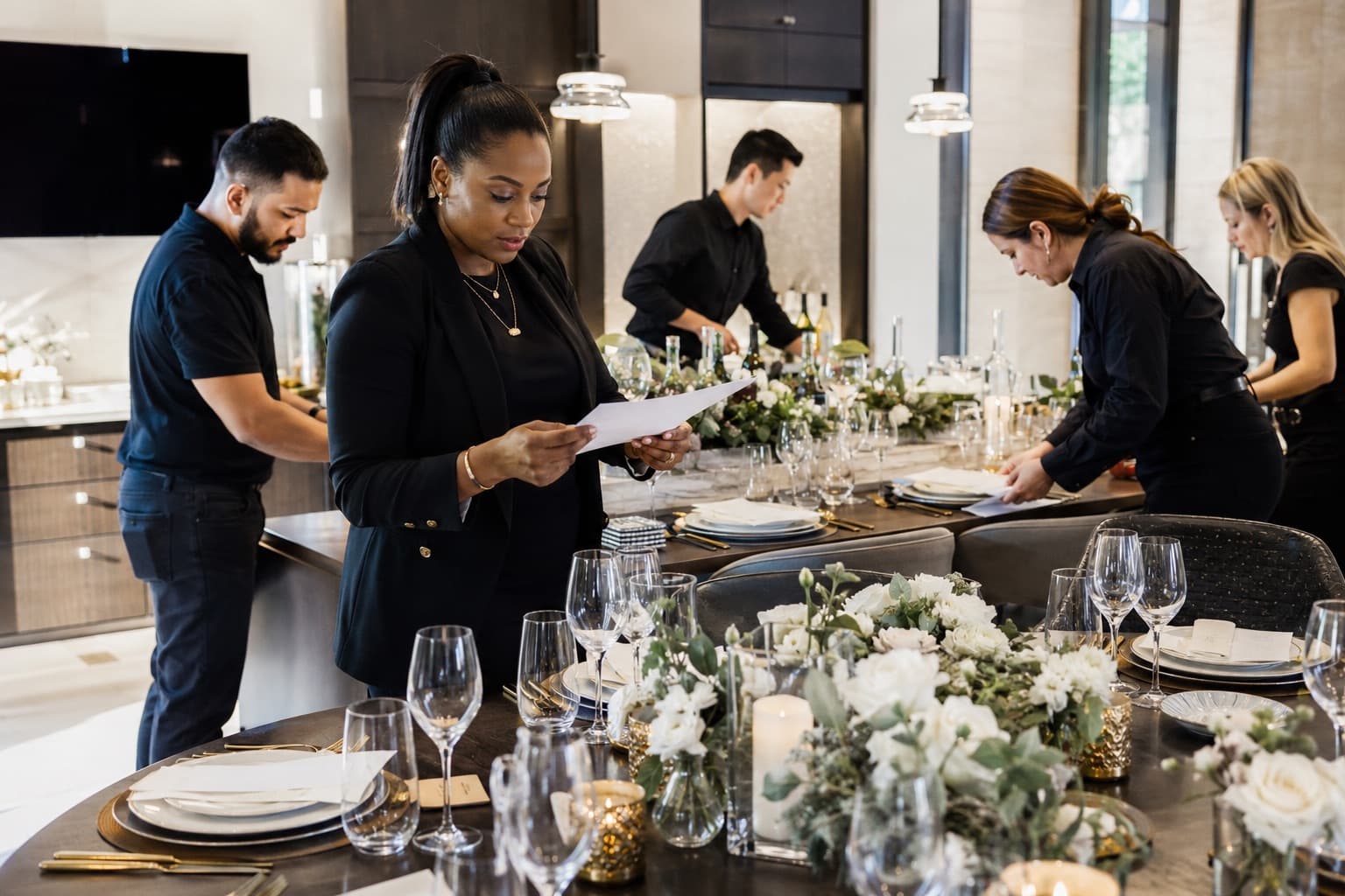 The Le Château Hospitality team preparing a styled tablescape before a resident event at a luxury apartment community.