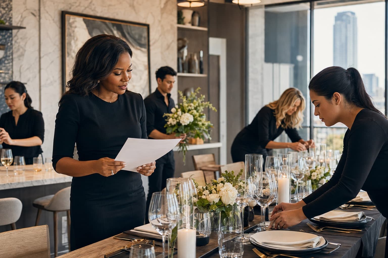 A team lead reviewing an event checklist while staff complete final table settings with the Houston skyline visible through the windows.