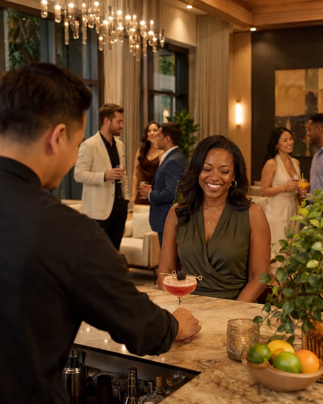 Residents socializing around a styled bar during a signature happy hour in a luxury apartment lounge.
